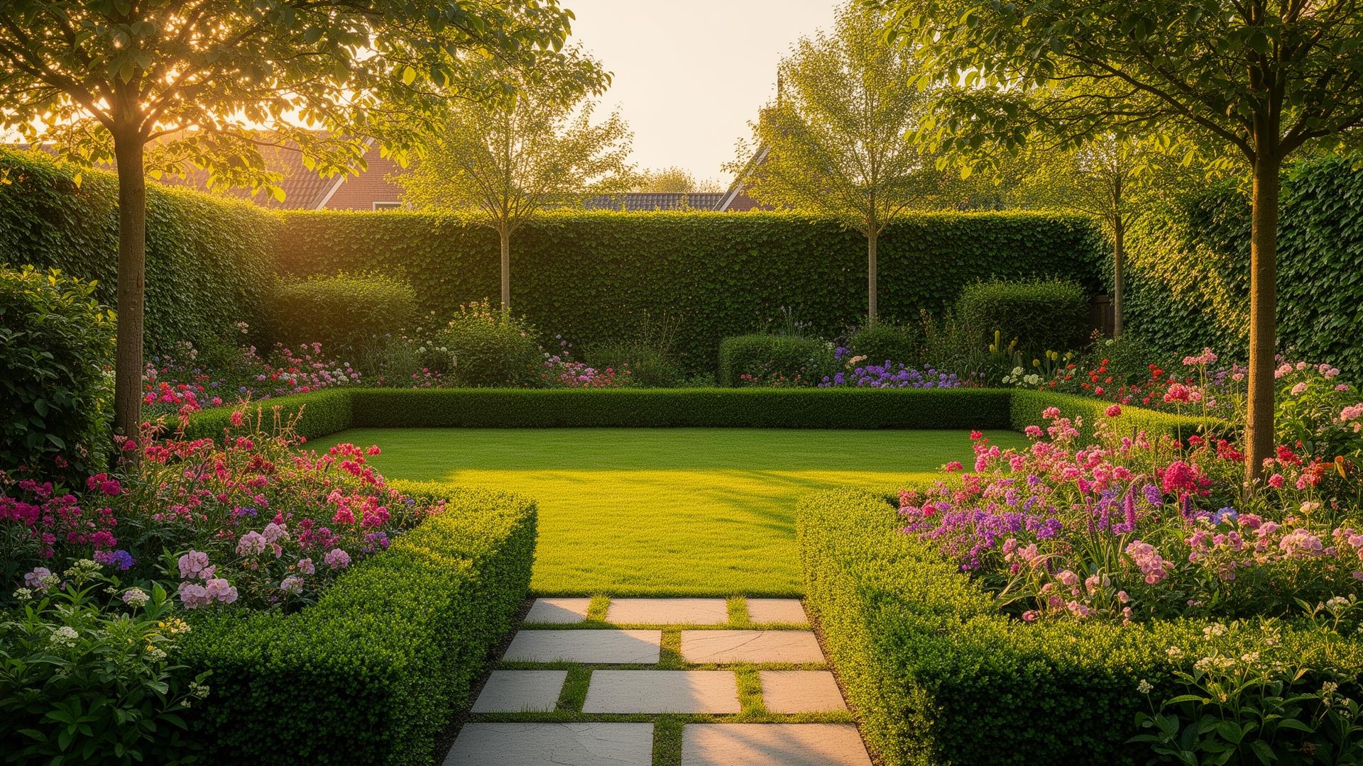 Verzorgde tuin met bloemenborder, gazon en gesnoeide hagen